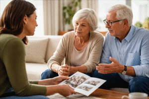 Daughter talking to parents about what assisted living will look like at The Parks at Garland Healthcare and Rehabilitation in Garland, TX