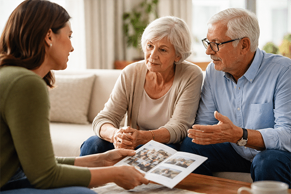 Daughter talking to parents about what assisted living will look like at The Parks at Garland Healthcare and Rehabilitation in Garland, TX