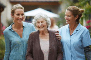 Memory care resident with her daughter and nurse walking around at The Parks at Garland Healthcare and Rehabilitation in Garland, TX