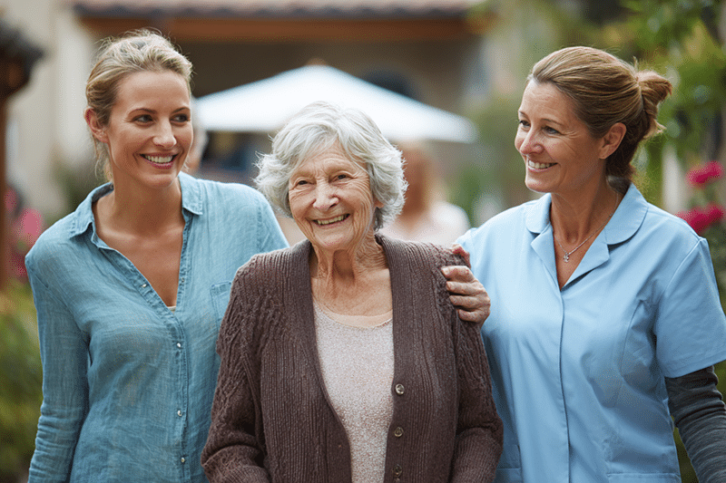 Memory care resident with her daughter and nurse walking around at The Parks at Garland Healthcare and Rehabilitation in Garland, TX